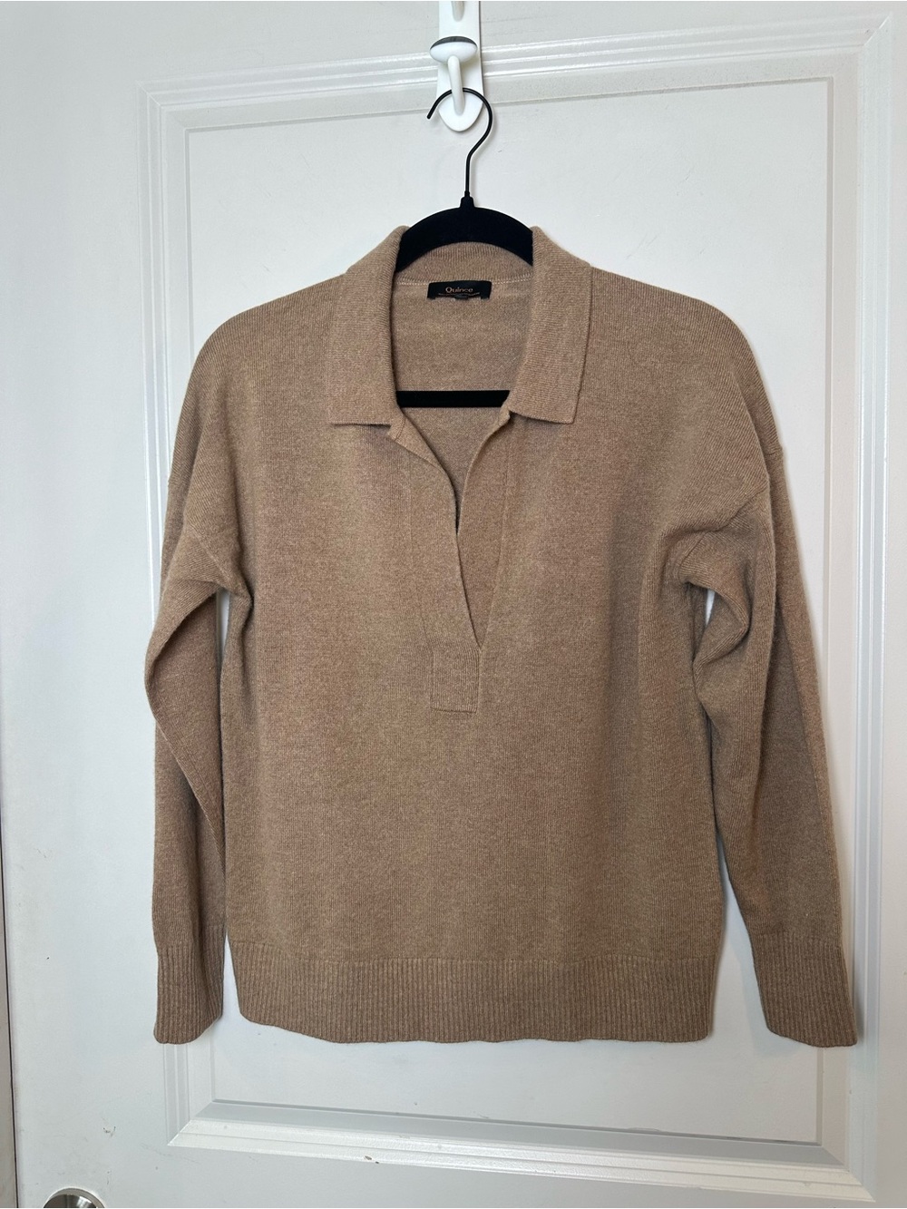 QUINCE Mongolian Cashmere Polo Sweater Solid Tan Camel Pullover Knit Large - Picture 5 of 10